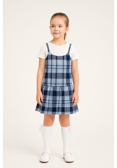 Noble Kids Kız Çocuk Askılı Ekose Elbise Mavi