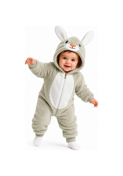 Tatlı Tavşan Desenli Welsoft Bebek Tulumu Kapüşonlu Peluş Fermuarlı Kışlık Unisex Bebek Tulumu Yeşil