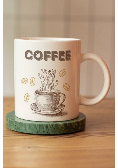 Coffee Yazılı Ve Resim Baskılı Seramik Kupa Bardak Beyaz