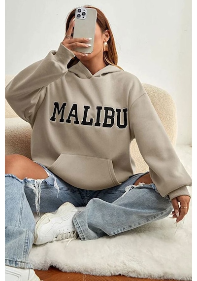 Medinenur Unisex Malibu Baskılı Sweatshirt Bej