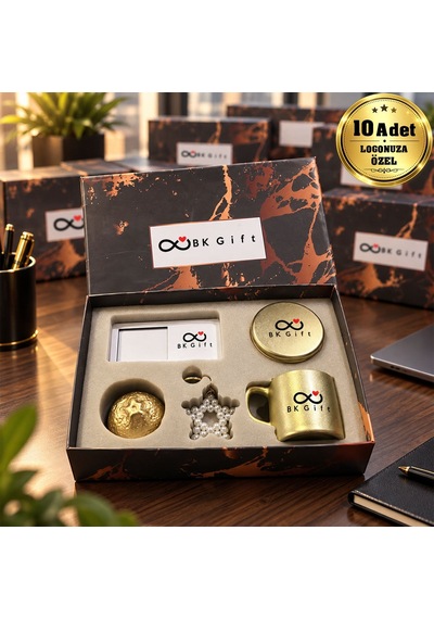 Logonuza Özel 10'lu Gold Fincan & Mum & Mdf Altlık & Gold Dekor & Anahtarlık - Gold Kurumsal Hediye Seti