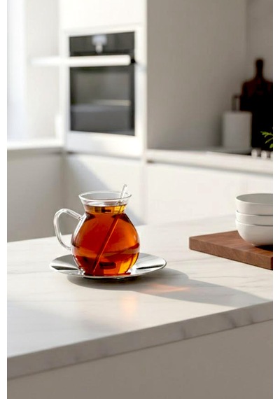 Keyf-i Ala 18 Parçametal Altlıklı Cam Kaşıklı Çay Bardağı Seti 200 Ml Beyaz