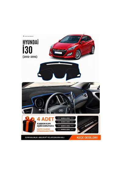 Hyundai İ30 2012-2016 Uyumlu Torpido Koruma, Torpido Örtüsü, Torpido Kılıfı - Siyah Mavi