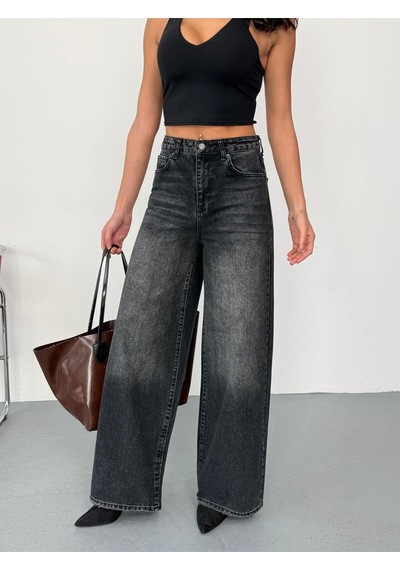Kadın Füme Taşlamalı Baggy Jean Yüksek Bel Geniş Paça Kot Pantolon Siyah Siyah+taşlamalı