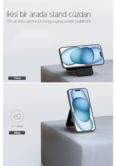 Magsafe Uyumlu Güçlü Mıknatıslı Katlanabilir Deri Cüzdan Ve Telefon Standı Siyah