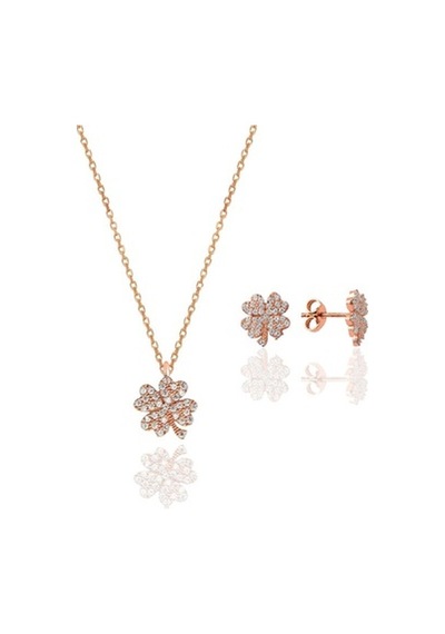 Gümüş Rose Zirkon Taşlı Yonca Kolye Ve Küpe Gümüş Ikili Set