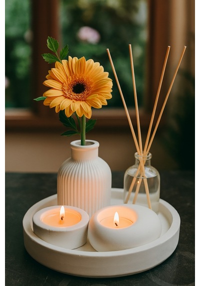 Dekoratif 5li Set Mum Çizgili Vazo Tealight Mumluk Ve Oda Kokusu Seti