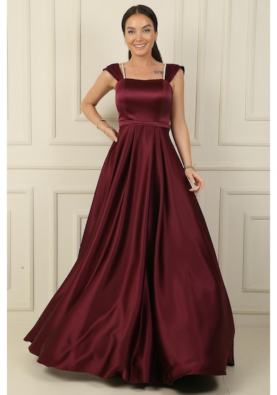 By Saygı Askılı Taş Detaylı Kare Yaka Astarlı Uzun Saten Elbise-36954 Mürdüm