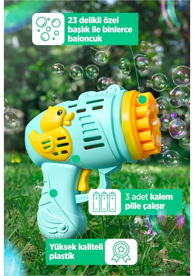 Yeni Ördek Köpük Tabanca - Pilli Duck Baloncuk Tabancası - 23 Delikli Baloncuk Tabancası