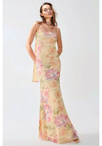 Hiccup Straplez Çiçek Desenli Tül Kuşaklı Bodycon Maxi Elbise Çok renkli