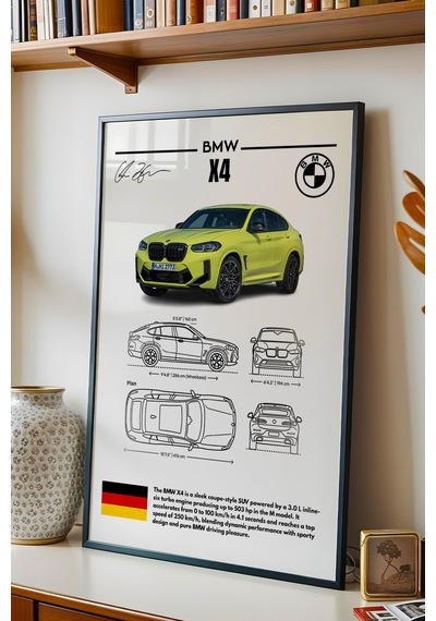Bmw X4 Tablo - Teknik Özellikli Alman Spor Coupe Suv Poster - Çerçeveli Duvar Dekoru - Blueprint Siyah