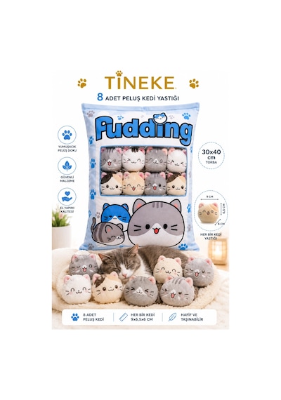 Tineke 8 Li Peluş Kedi Yastığı Seti Minik Yumuşak Kedi Oyuncağı Ve Uyku Arkadaşı Mavi Karışık