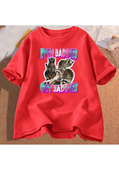 Flood Of Style Erkek Pamuk T-shirt Bile Baddies Olsun Saddies Rakun Komik Garip Belirli Meme Grafik Baskılı Kırmızı