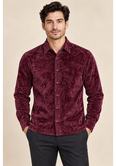 Tarz Cool Erkek Parlak Kadife Uzun Kollu Regular Fit Gömlek Bordo