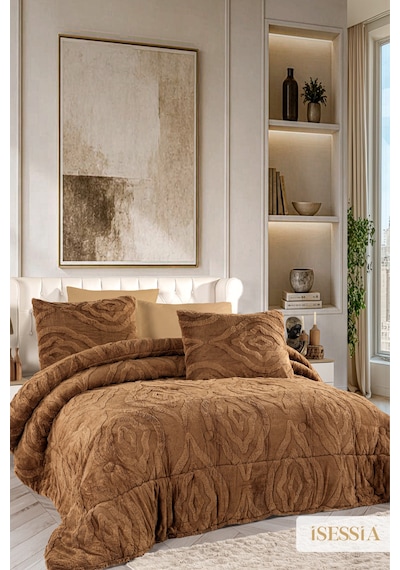 Isessia Lina Çift Kişilik Jakarlı Wellsoft Uyku Seti Çift Taraflı 230x250 Cm Çantalı Kahverengi