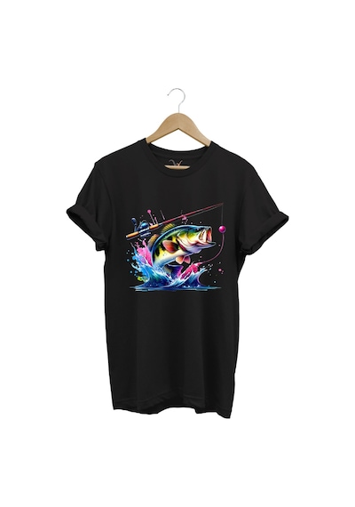 Fishing Balıkçılık Renkli Levrek Balığı Baskılı Avcılık %100 Pamuk Regular Fit Unisex T-shirt Siyah