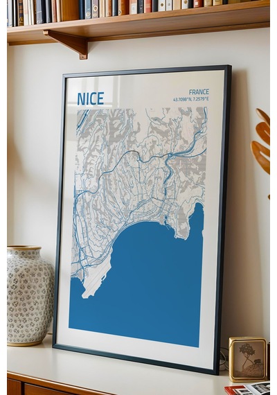 Nice Fransa France Haritası Çerçeveli Tablo Lüks Salon Ofis Duvar Dekorasyonu Hediyelik Tablo