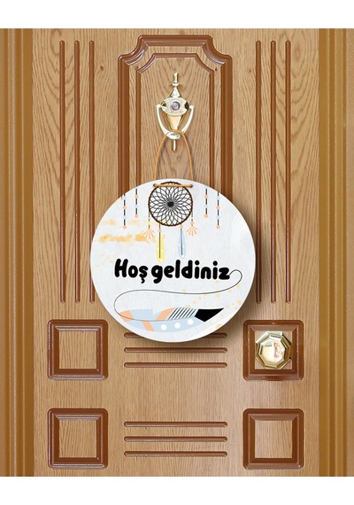 Evimize Neşe Getirdiniz" Yazılı Mdf Kapı Süsü 22.5 Cm Dekoratif Halat Askılı Giriş Dekoru Turuncu