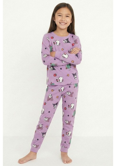 Cute Hello Kitty Ve Kuromi Desenli Kız Çocuk Pijama Takımı Lila