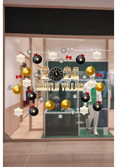 Crevidi Mağaza Mutlu Yıllar 2024 Vitrin Süsü Sticker 73 Parça