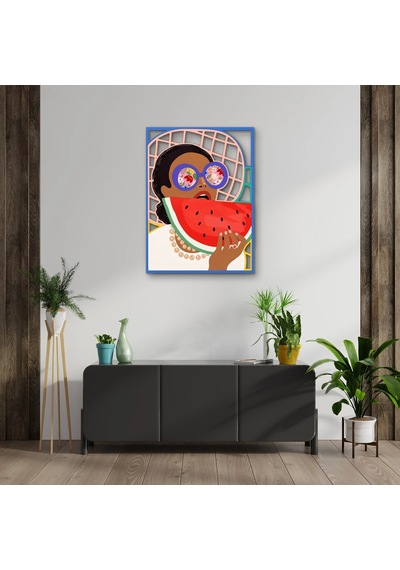 Karpuz Yiyen Gözlüklü Kadın - Metal Tablo - Dec0339 37 X 50 Cm Çok Renkli