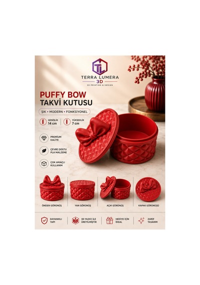 Puffy Bow Fiyonk Kapaklı Takı Kutusu 14x14x7 Cm Kırmızı