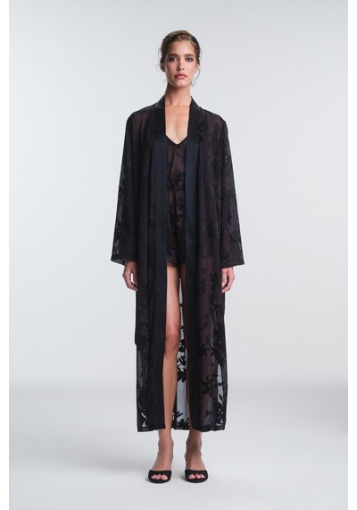 Penti Siyah Amara Çiçek Desenli Uzun Kollu Sabahlık