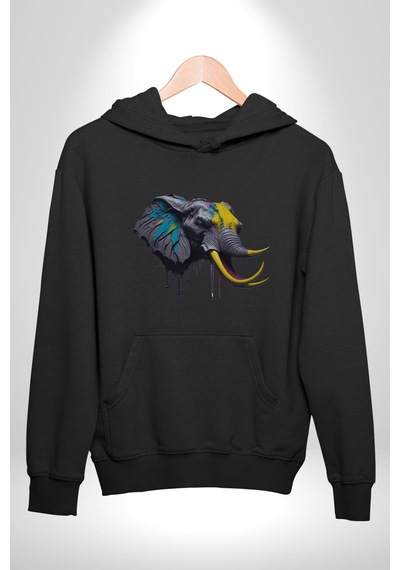 Renkli Fil Kafası Kadın Erkek Siyah Kapüşonlu Sweatshirt Hoodie Siyah