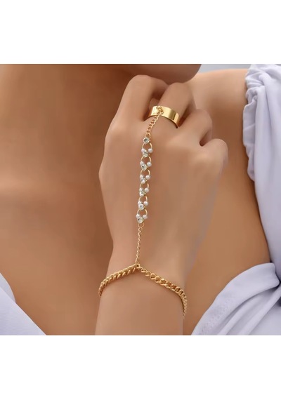 Girift Vintage Silva Gold Taşlı Zincirli Şahmeran El Takısı - El Aksesuarı Altın