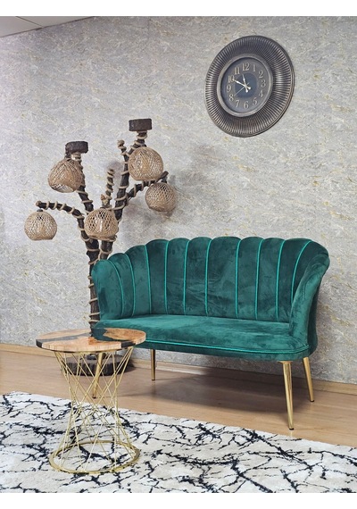 Zafir İkili Papatya Çay Seti Koltuk Gold Sivriltme Ayak, Balkon, Salon, Ofis, Koltuk Takımı, İkili Berjer Yeşil