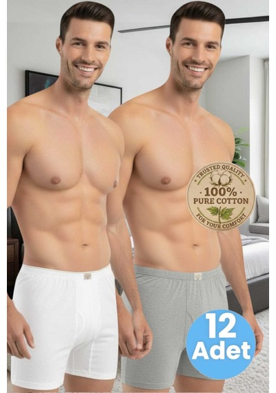 Tezzgelsin Erkek %100 Pamuklu 12'li Süprem Kumaş Penye Boxer Beyaz - Gri