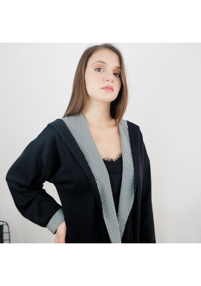 Mois Atelier Ekose Detaylı Triko Hırka, Tasarım, Hediye, Büyük Beden, Tesettür Siyah