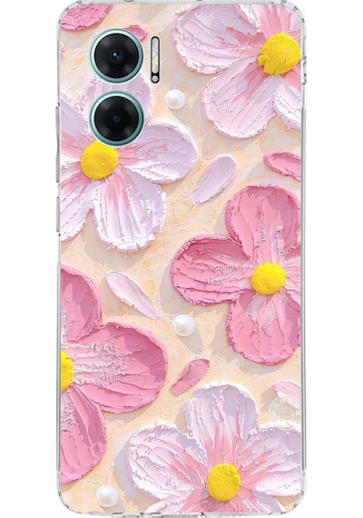Redmi Note 11e Uyumlu Pembe Beyaz Çiçekler Sulu Boya Baskılı Silikon Kılıf Renkli