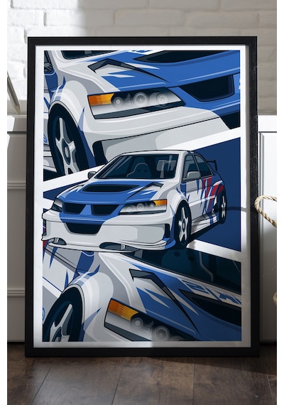 Mitshubishi Lancer Evolution Siyah Ahşap Çerçeveli Poster, Dekoratif Araba Duvar Tablosu