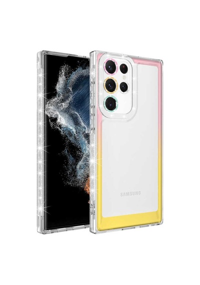 Galaxy S22 Ultra Uyumlu Simli Ve Renk Geçiş Tasarımlı Lens Korumalı Btz Park Kapak-pembe-sa