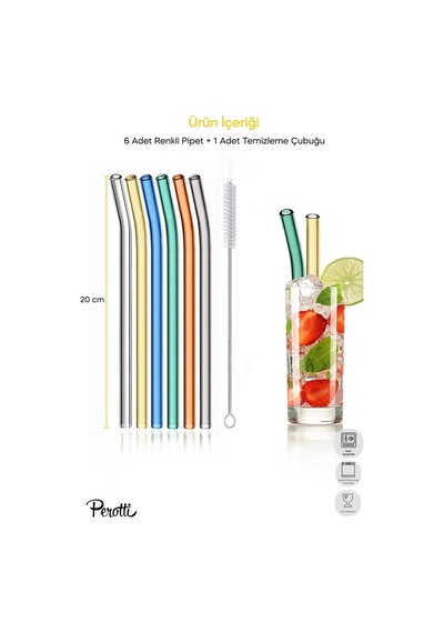 Perotti Straw 6'lı Renkli Cam Eğimli Isıya Dayanıklı Pipet