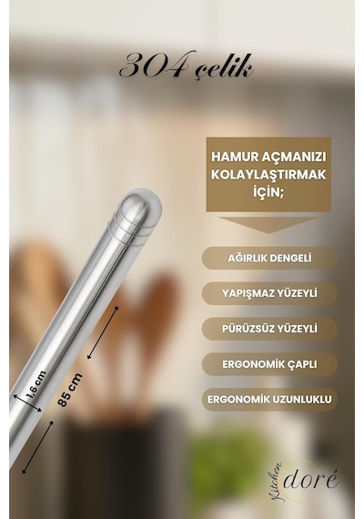 85 Cm Gümüş Tasarım Paslanmaz Çelik Oklava 304 Çelik Ince Hamur Açmaya Uygun Ağırlık Dengeli Me Diğer