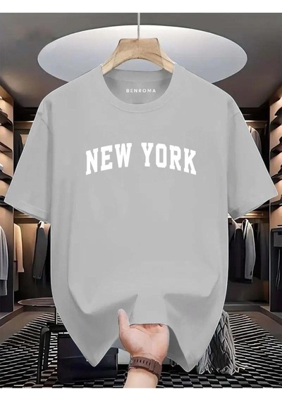 New York Beyaz Baskılı Oversize Tişört Gri