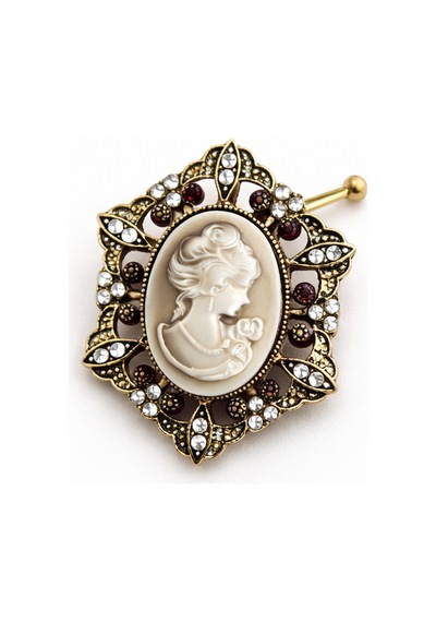 Bordo Taşlı Vintage Cameo Kadın Figürlü Metal Broş Antik Gold Çerçeve Açık Gri