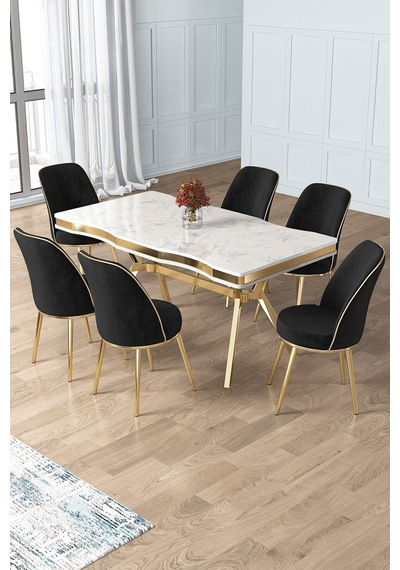 Canisa Concept Prah Serisi 90x160 Lak Panel Beyaz Mermer Desen Gold Ayak Masa Takımı 6 Siyah Sandalye Beyaz Mermer Desen Masa Sandalyeler Siyah Canisa Concept Prah Serisi 90x160 Lak Panel Beyaz Mermer Desen Gold Ayak Masa Takımı 6 Siyah Sandalye Beyaz Mermer Desen Masa Sandalyeler Siyah