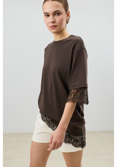 Antioch Dantel Detaylı Kadın T-shirt Kahve