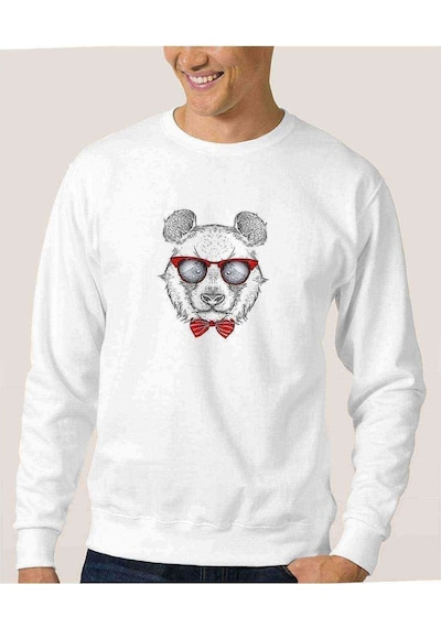 Payonlu Gözlüklü Ayı Baskılı Beyaz Erkek Örme Sweatshirt