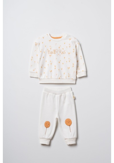 Magu Unisex Bebek Pamuklu Ekru Sweatshirt Eşofman Takım - Balon Desenli Çok Renkli