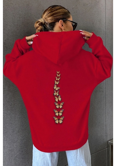 Uyguntarz Unisex Oversize Sırt Kral Kelebek Baskılı Sweatshirt Kırmızı