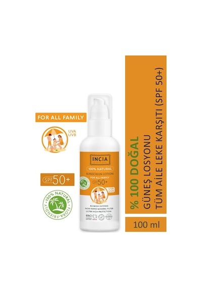 INCIA %100 Doğal Organik Tamanu Yağlı Güneş Losyonu Mineral Filtreli Tüm Aile İçin SPF 50+ 100 ML