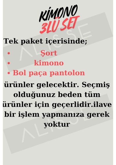 Woman And Kids Kadın Düz Renk Rahat Kesim 3 Parça Set Kimono Şort Pantolon Takım Siyah