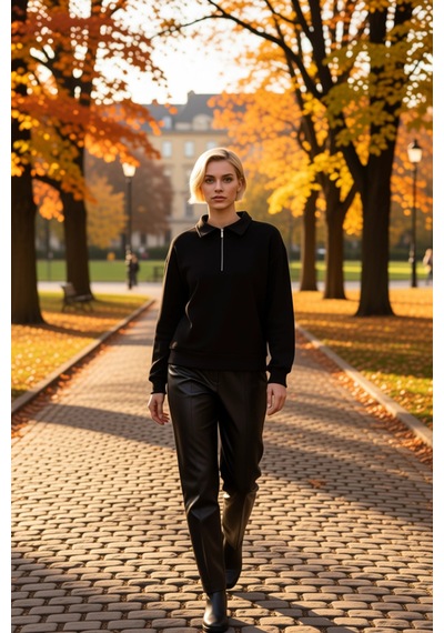 Benerly Kadın Polo Yaka Düşük Kol Fermuarlı Regular Kalıp Örme Sweatshirt siyah