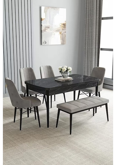 Loft Siyah Mermer 80x132 Açılabilir Mdf Masa Yemek Odası Takımı, Mutfak Takımı 4 Sandalye, 1 Bench Gri Loft Siyah Mermer 80x132 Açılabilir Mdf Masa Yemek Odası Takımı, Mutfak Takımı 4 Sandalye, 1 Bench Gri