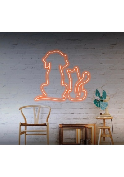 Kedi Ve Köpek Figürlü Neon Tabela Turuncu