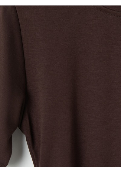 Lcw Comfort Kahverengi Bisiklet Yaka Büzgülü Kadın Tişört